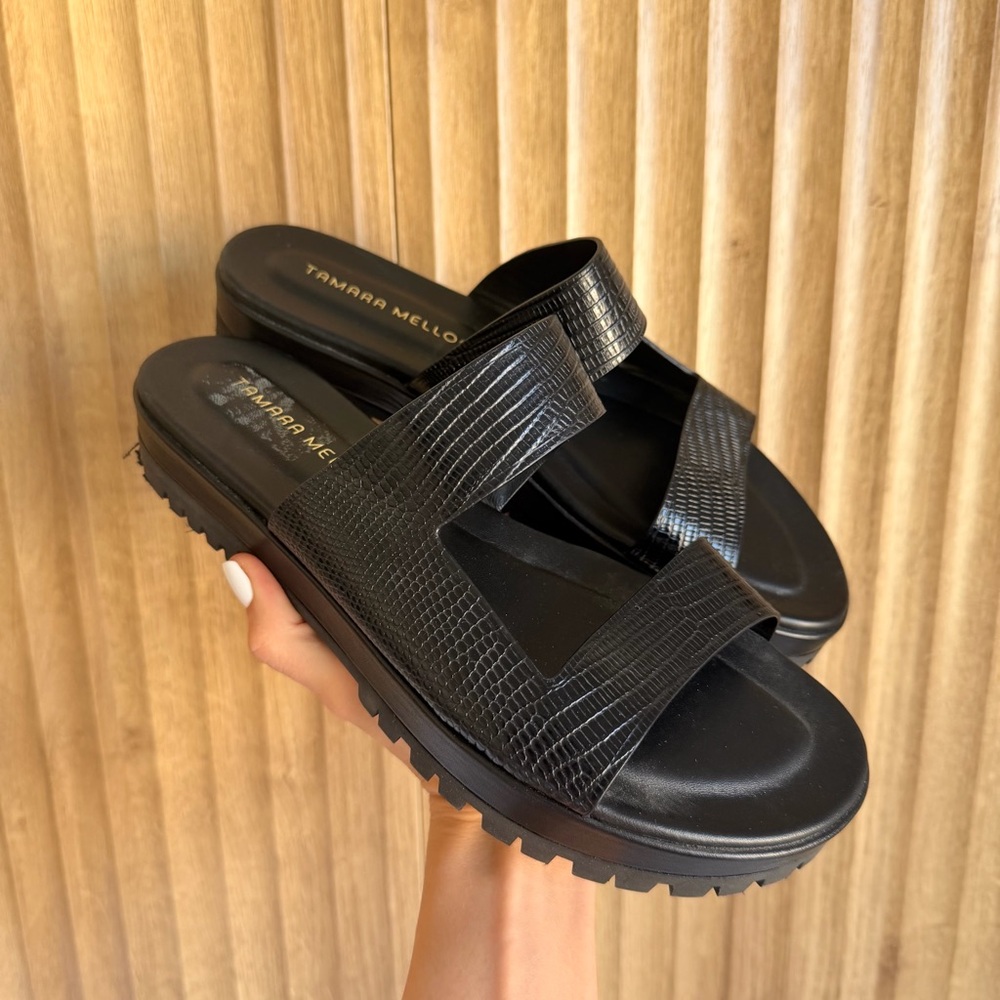 TAMARA MELLON Black Roam Lizard Sandals Shoes - Picture 2 of 7